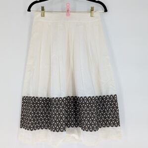 LOFT White Pleated ALine Midi Skirt Brown Geometric Embroidered Hem Boho Fashion